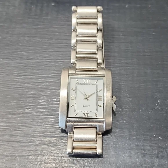 Men s silvertone rectangle case watch